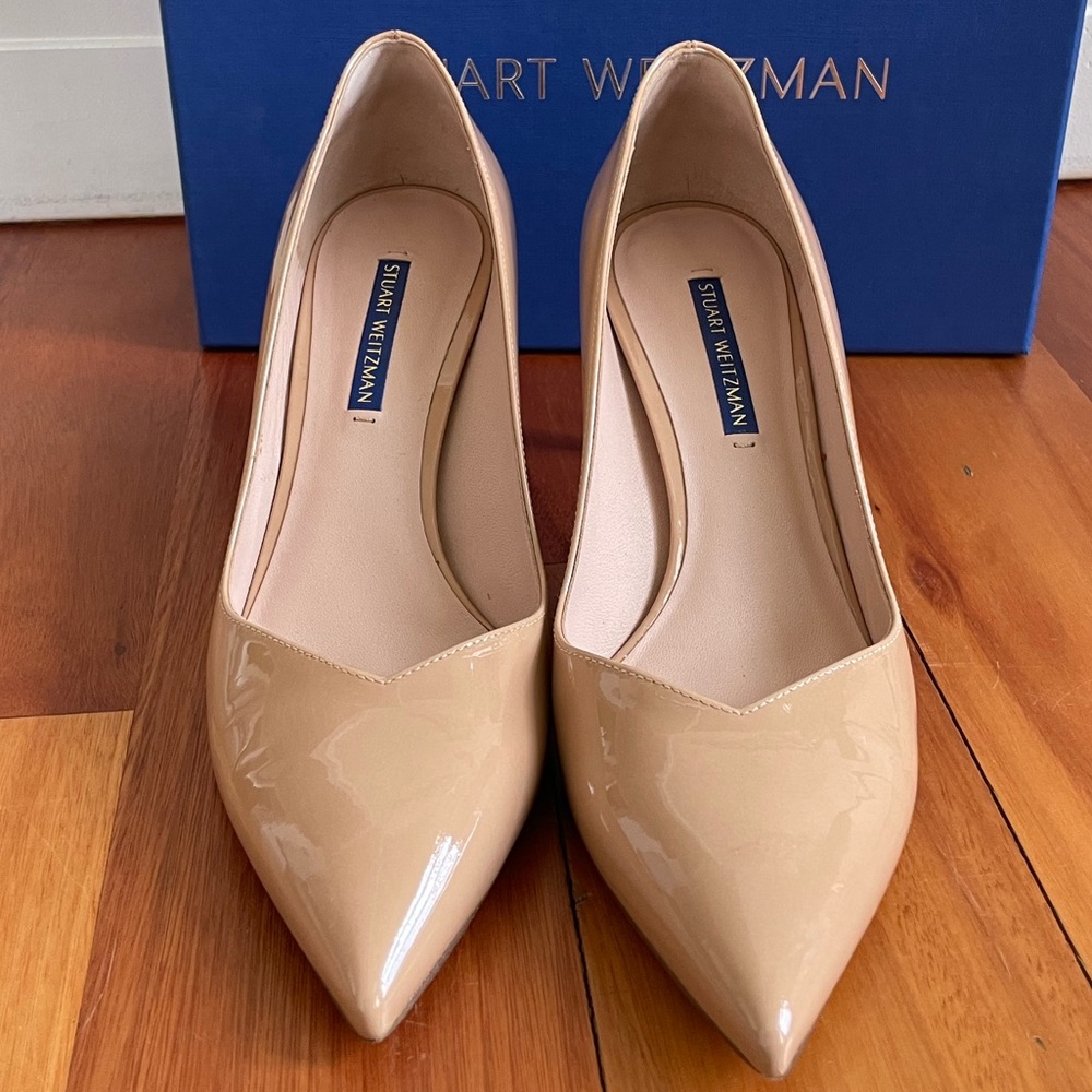 STUART WEITZMAN ANNY 70 Taupe/Nude Patent Leather
Stiletto Pumps, 8.5